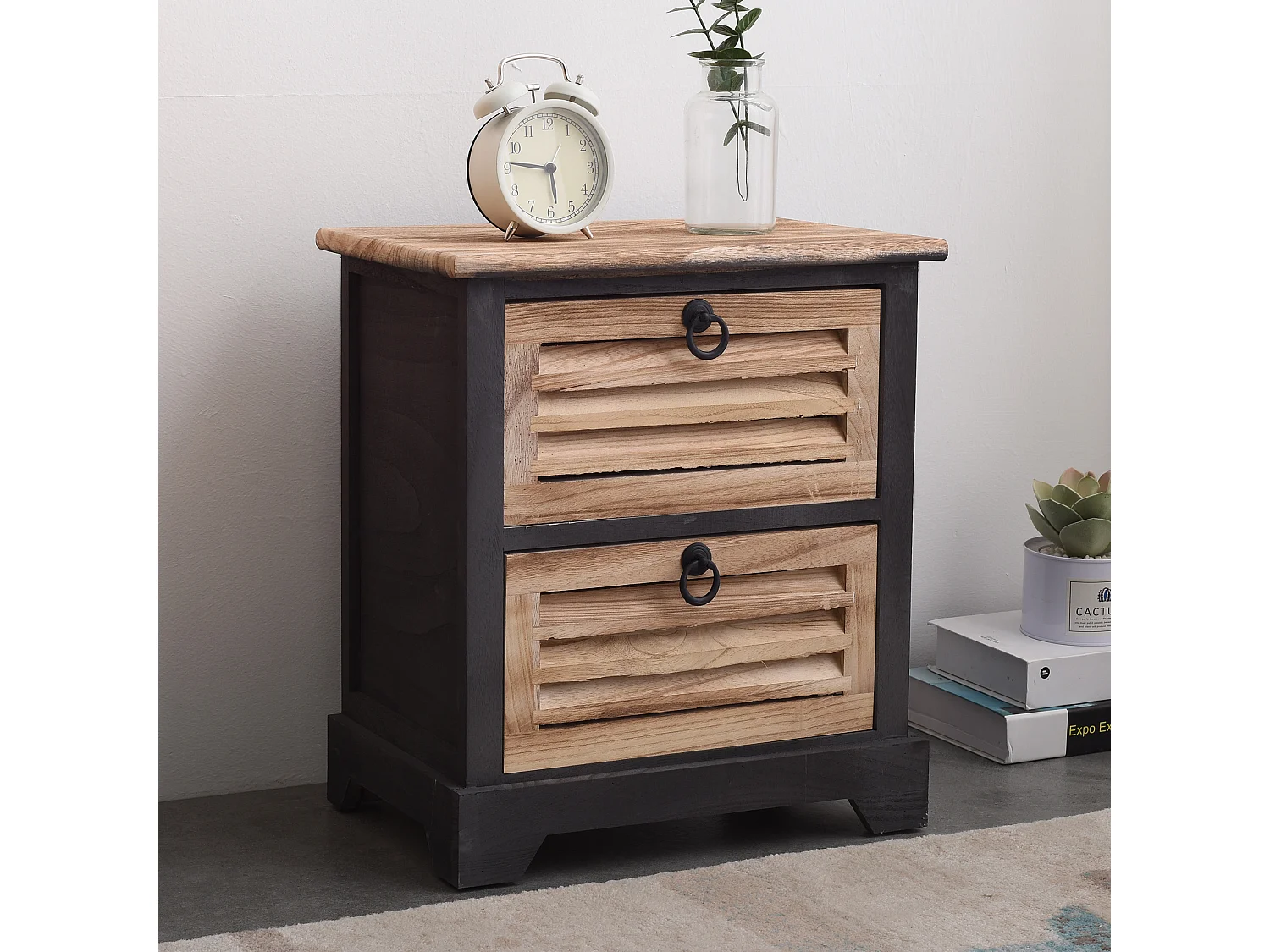 Comodino 2 Cassetti Legno Marrone Naturale Vintage 45x42x29