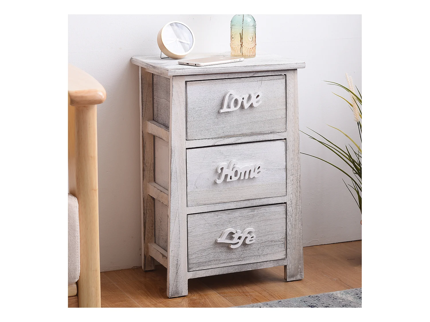 Comodino Cassettiera 3 Cassetti Bianco Grigio Shabby 56x37x27