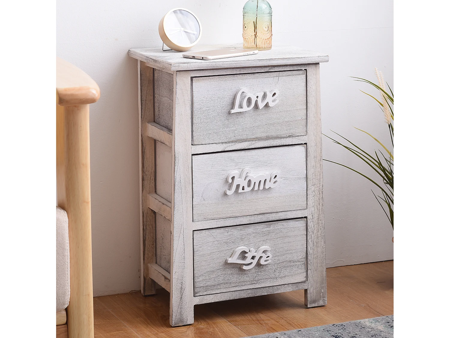 Comodino Cassettiera 3 Cassetti Bianco Grigio Shabby 56x37x27