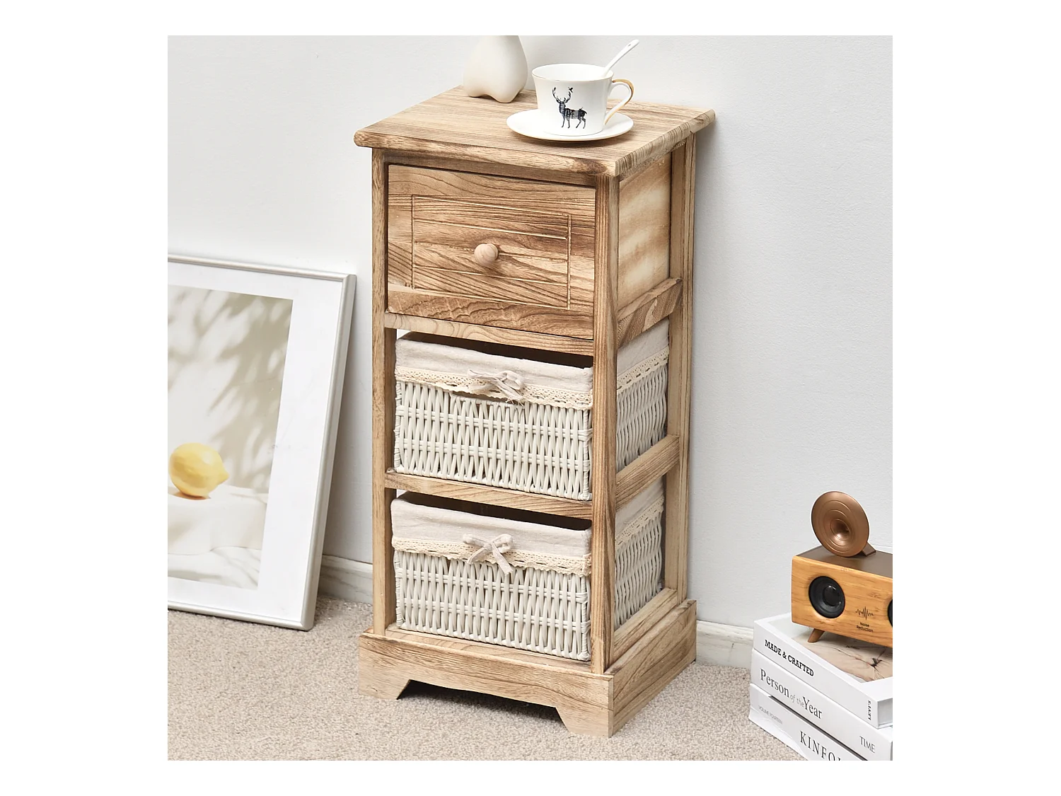 Commode Meuble De Stockage 3 Tiroirs Bois 63x30x27