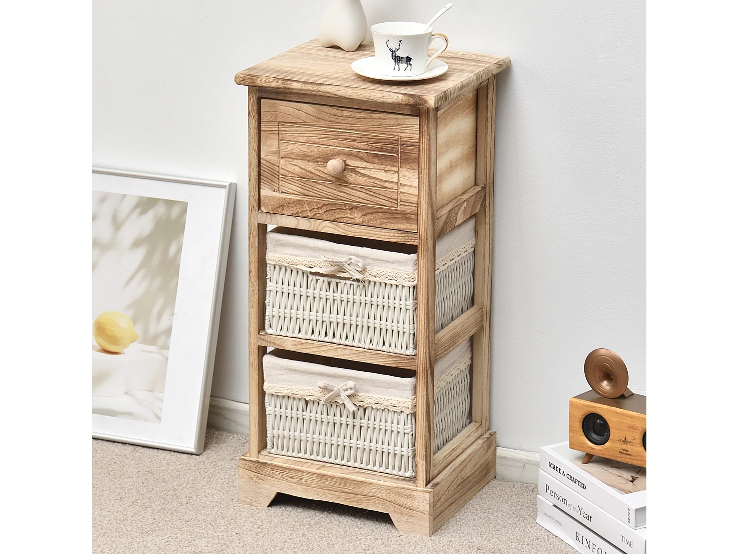 Comodino 3 Cassetti Legno Vimini Natural Camera 63x30x27