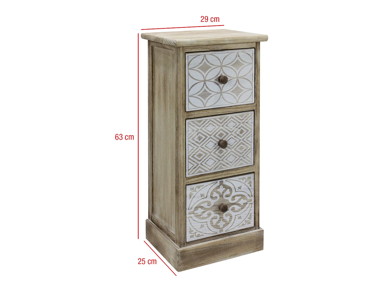 Comodino 3 Cassetti Legno Beige Bianco Retro Salvaspazio 63x29x25