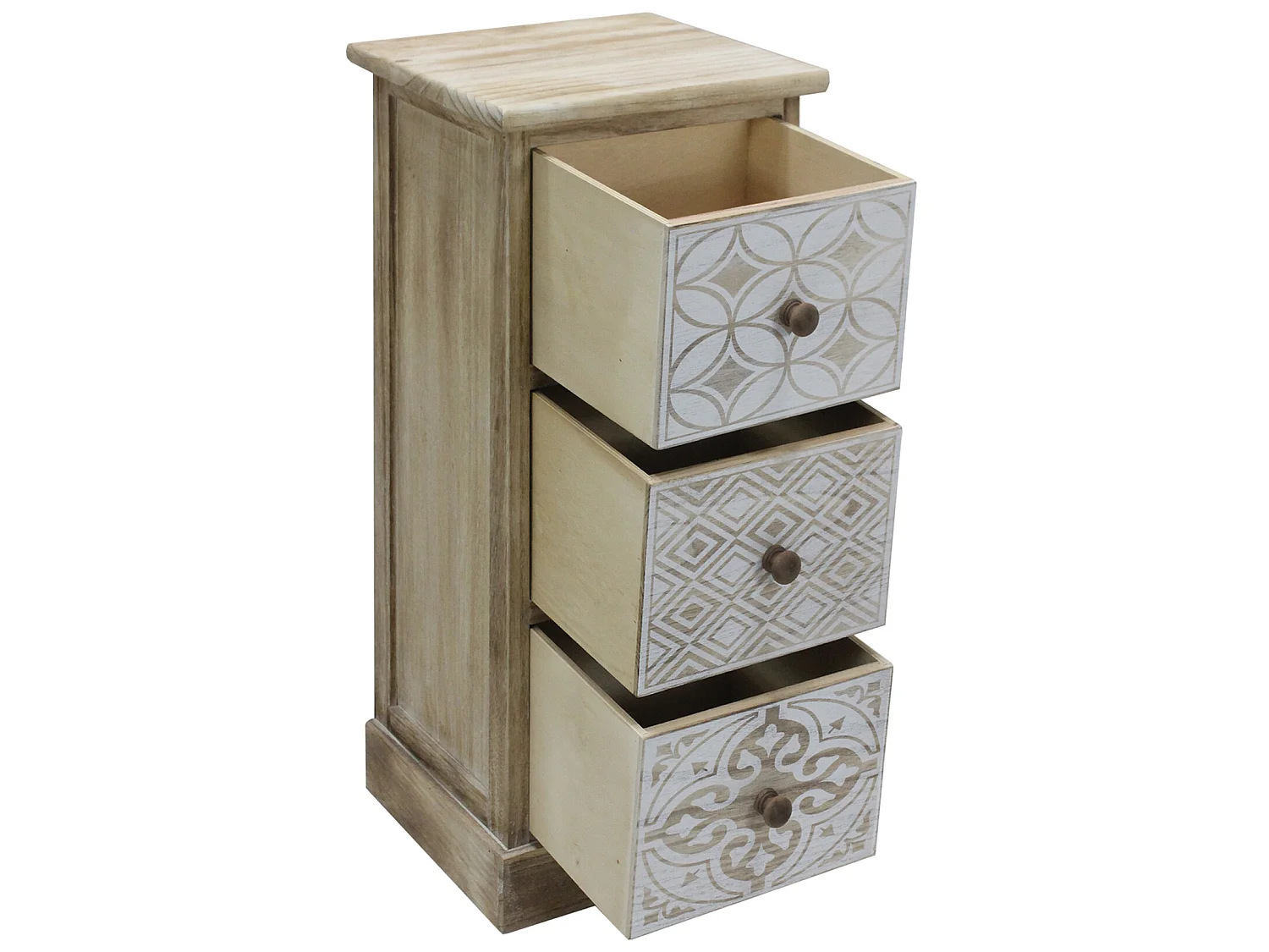 Comodino 3 Cassetti Legno Beige Bianco Retro Salvaspazio 63x29x25