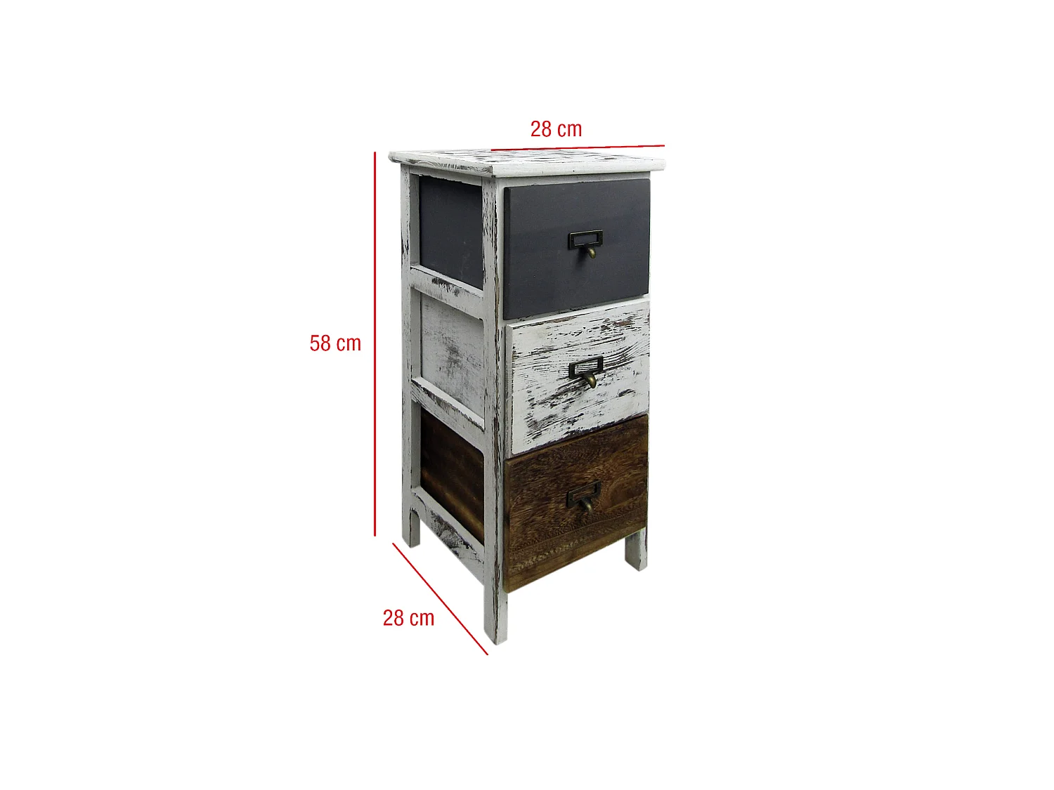 Comodino 3 Cassetti Legno Retro Bianco Grigio Marrone 58x28x28