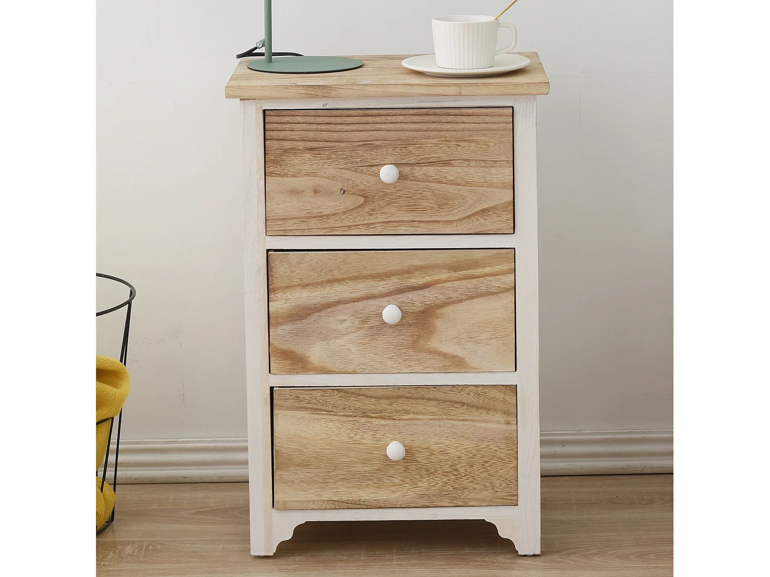 Commode Chevet 4 Tiroirs Bois Blanc Marron Shabby 62x40x29