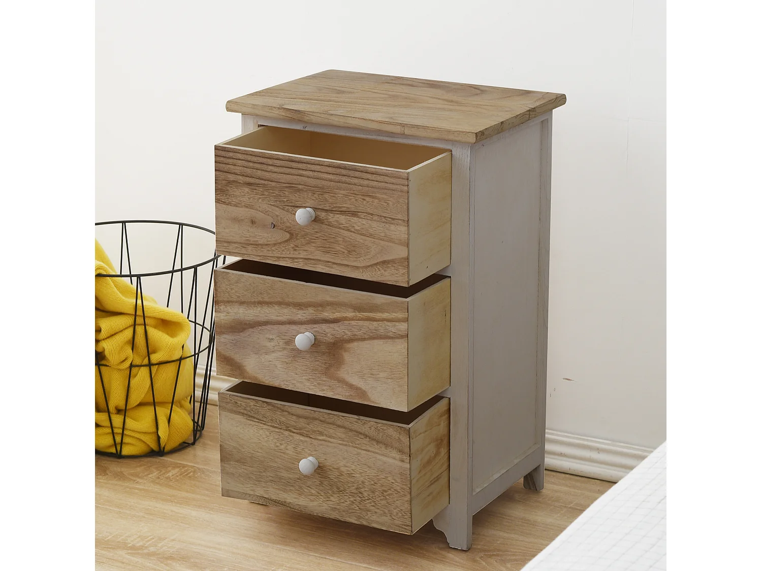 Commode Chevet 4 Tiroirs Bois Blanc Marron Shabby 62x40x29