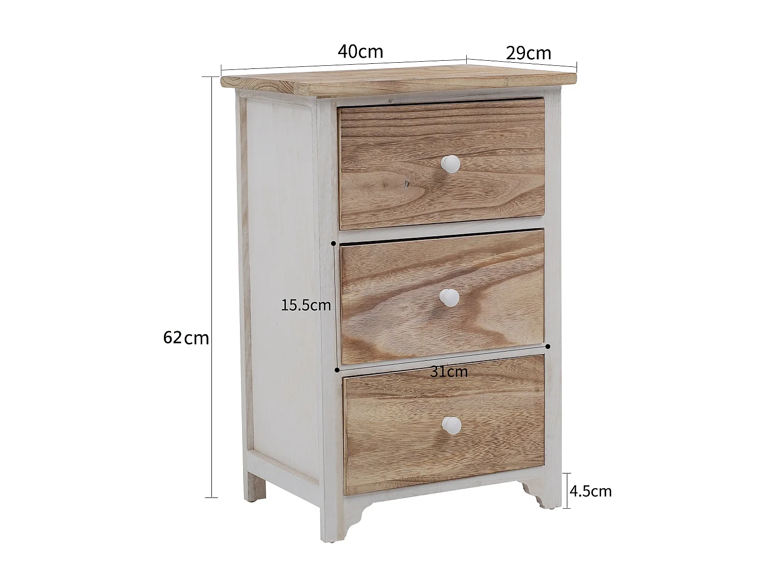 Commode Chevet 4 Tiroirs Bois Blanc Marron Shabby 62x40x29