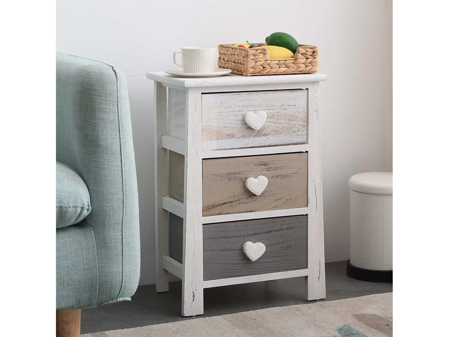 Mesa de cabeceira Shabby Chic Vintage Branco Cinzento Bege 57x37x27