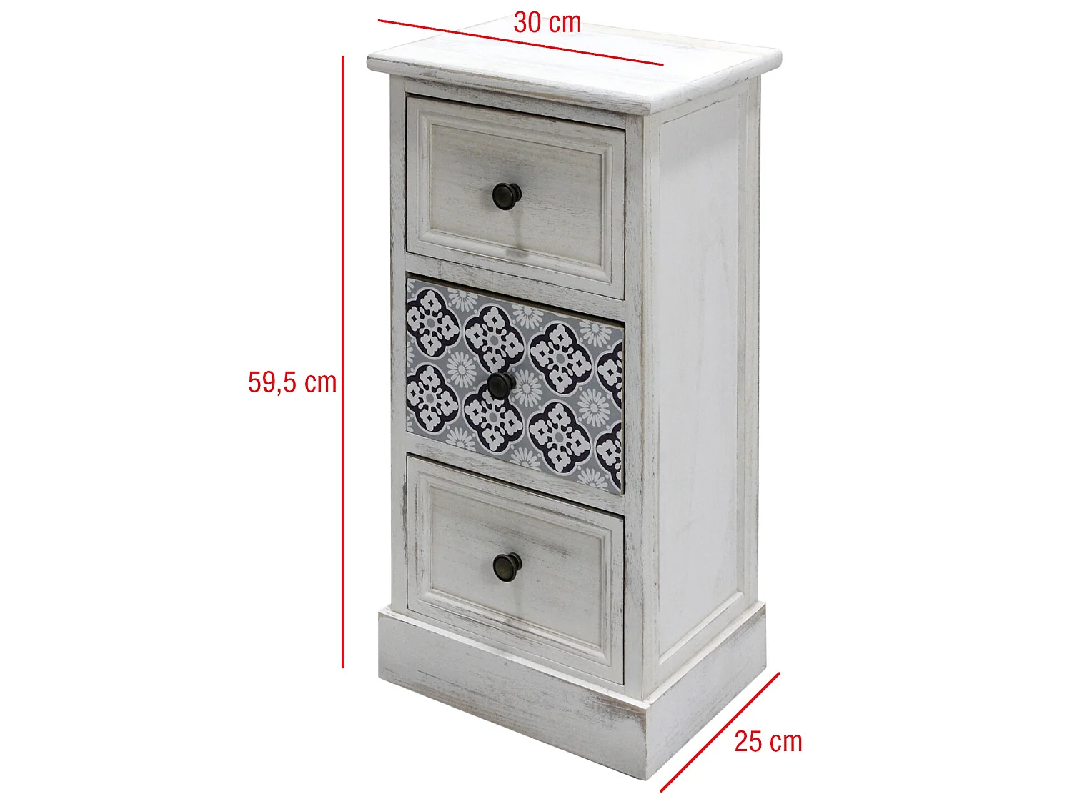 Comodino In Legno Bianco E Blu Con 3 Cassetti Camera Da Letto Shabby Chic 59,5x30x25 Cm