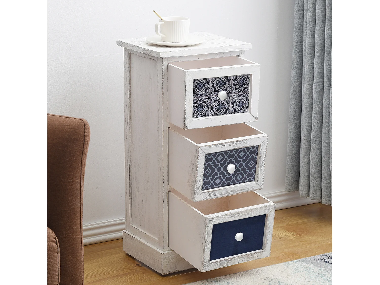 Commode Armoire 3 Tiroirs Blanc Bois Retro 60 X 30 X 25