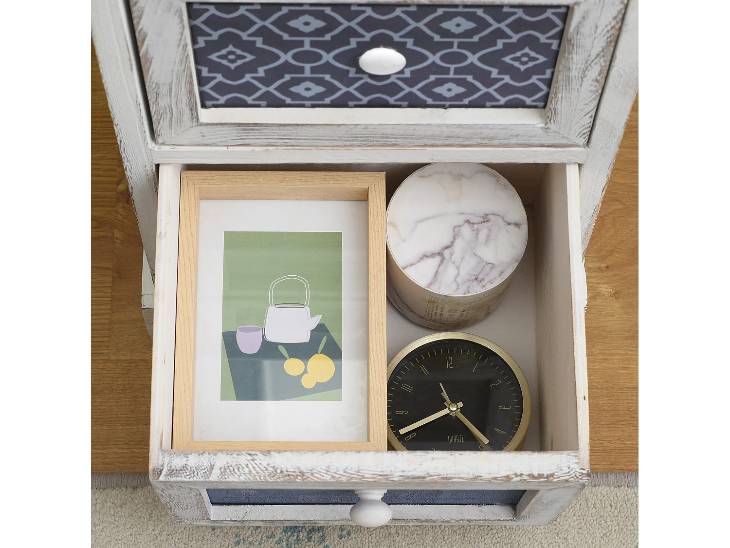 Commode Armoire 3 Tiroirs Blanc Bois Retro 60 X 30 X 25