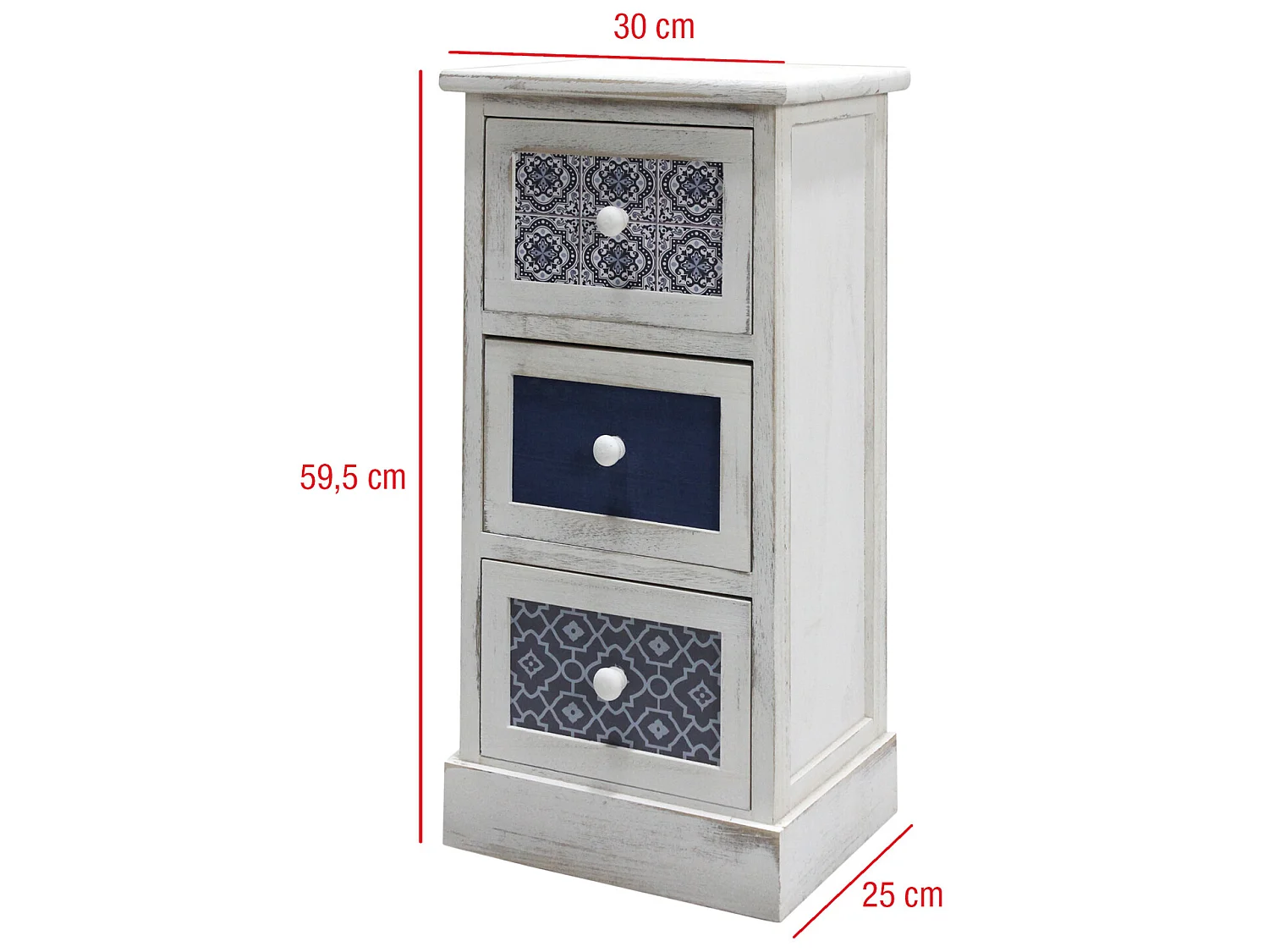 Commode Armoire 3 Tiroirs Blanc Bois Retro 60 X 30 X 25
