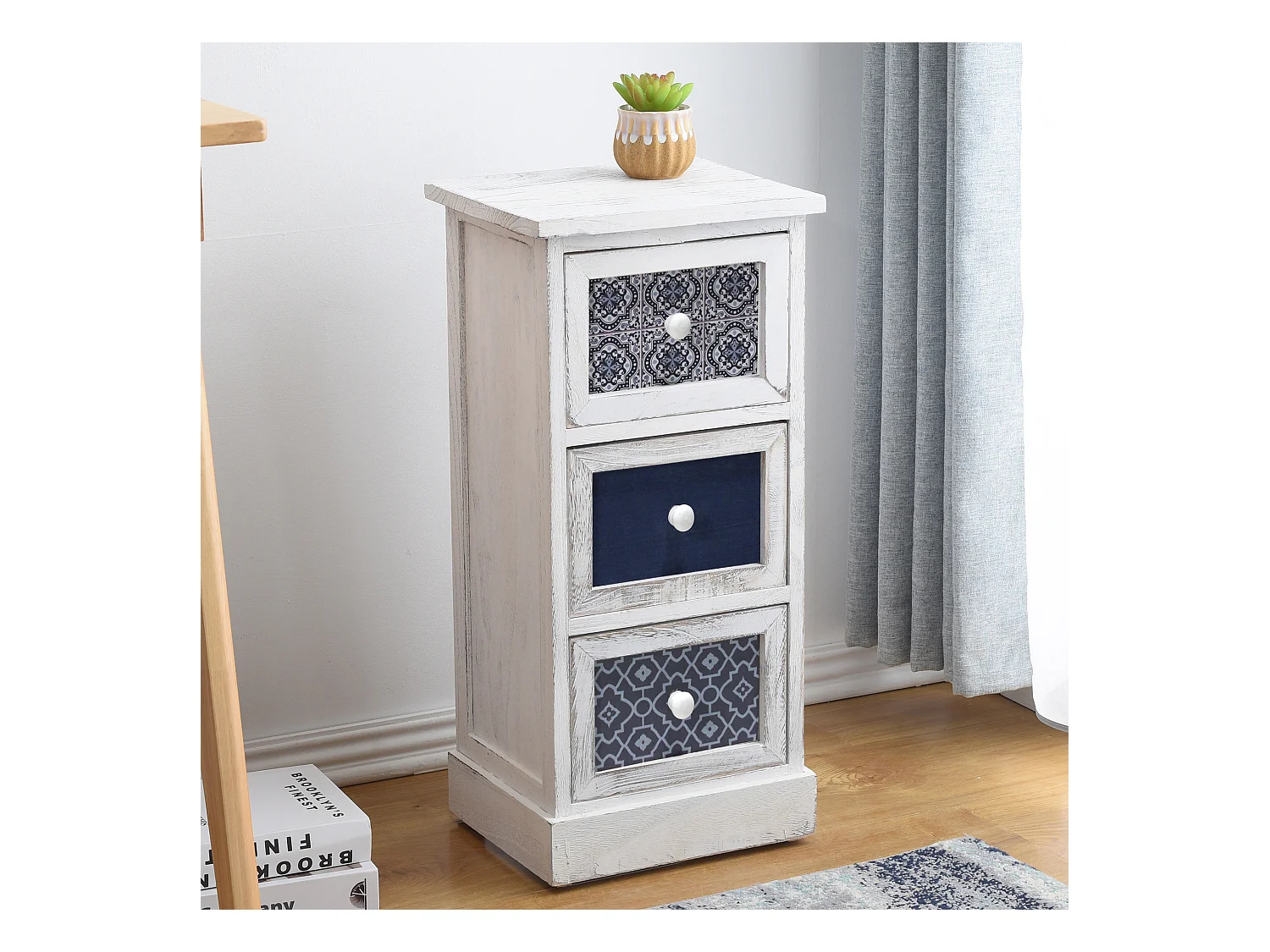 Comodino Cassettiera 3 Cassetti Bianco Legno Retr 59,5x30x25