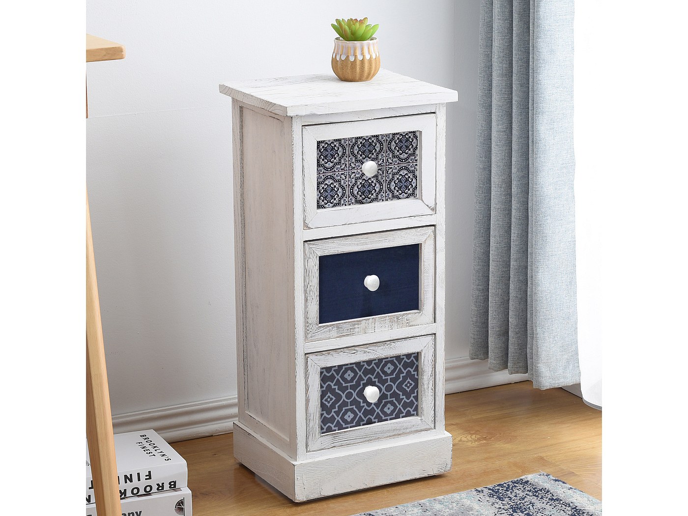 Comodino Moderno 3 Cassetti - MDF Bianco E Grigio, 59.5x30x25cm, Montato