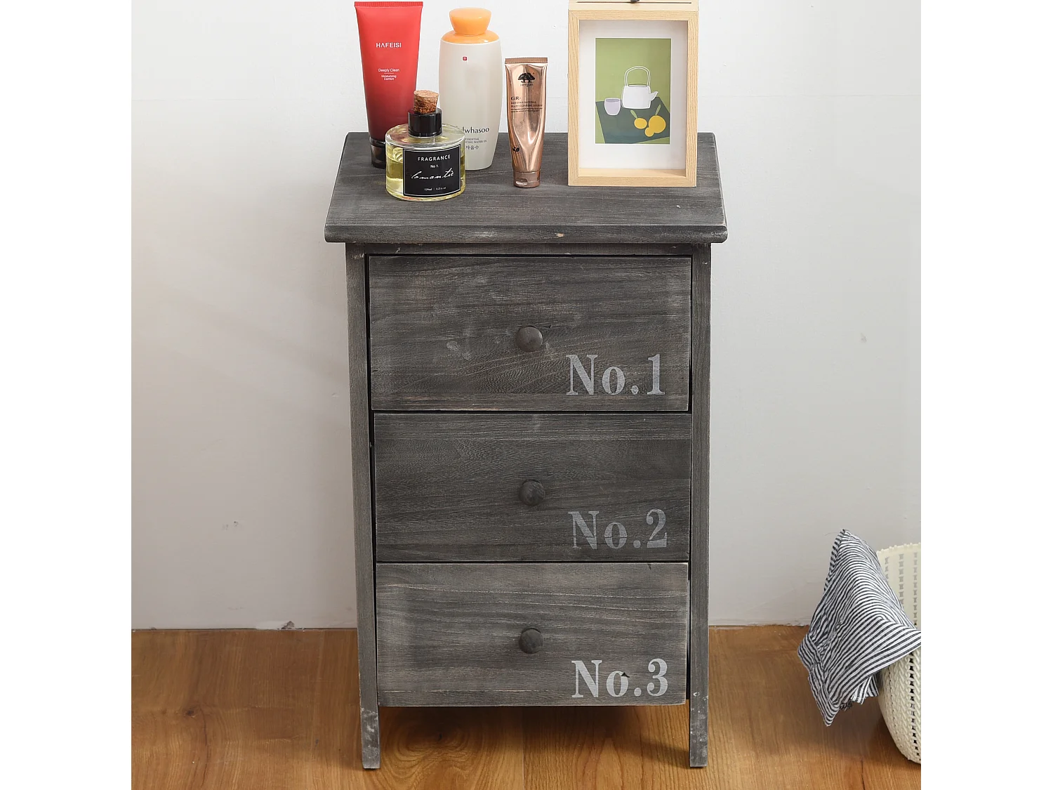 Comodino Cassettiera 3 Cassetti Legno Grigio Shabby 54x35x27