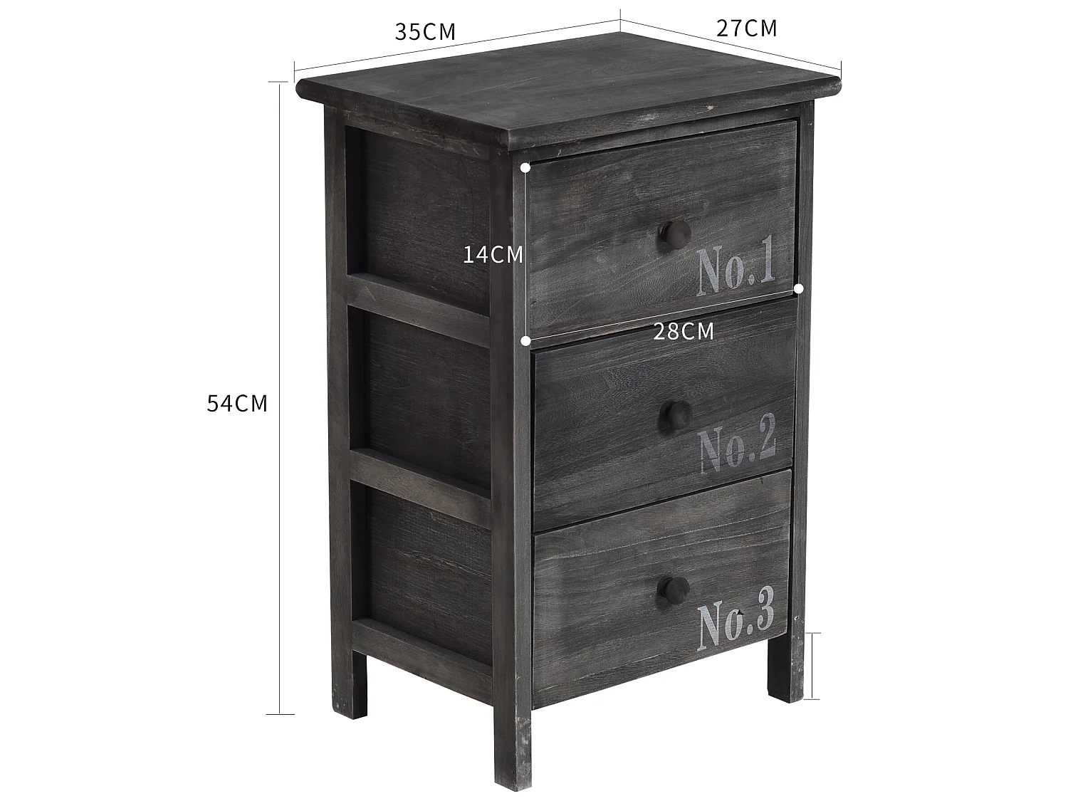 Comodino Cassettiera 3 Cassetti Legno Grigio Shabby 54x35x27