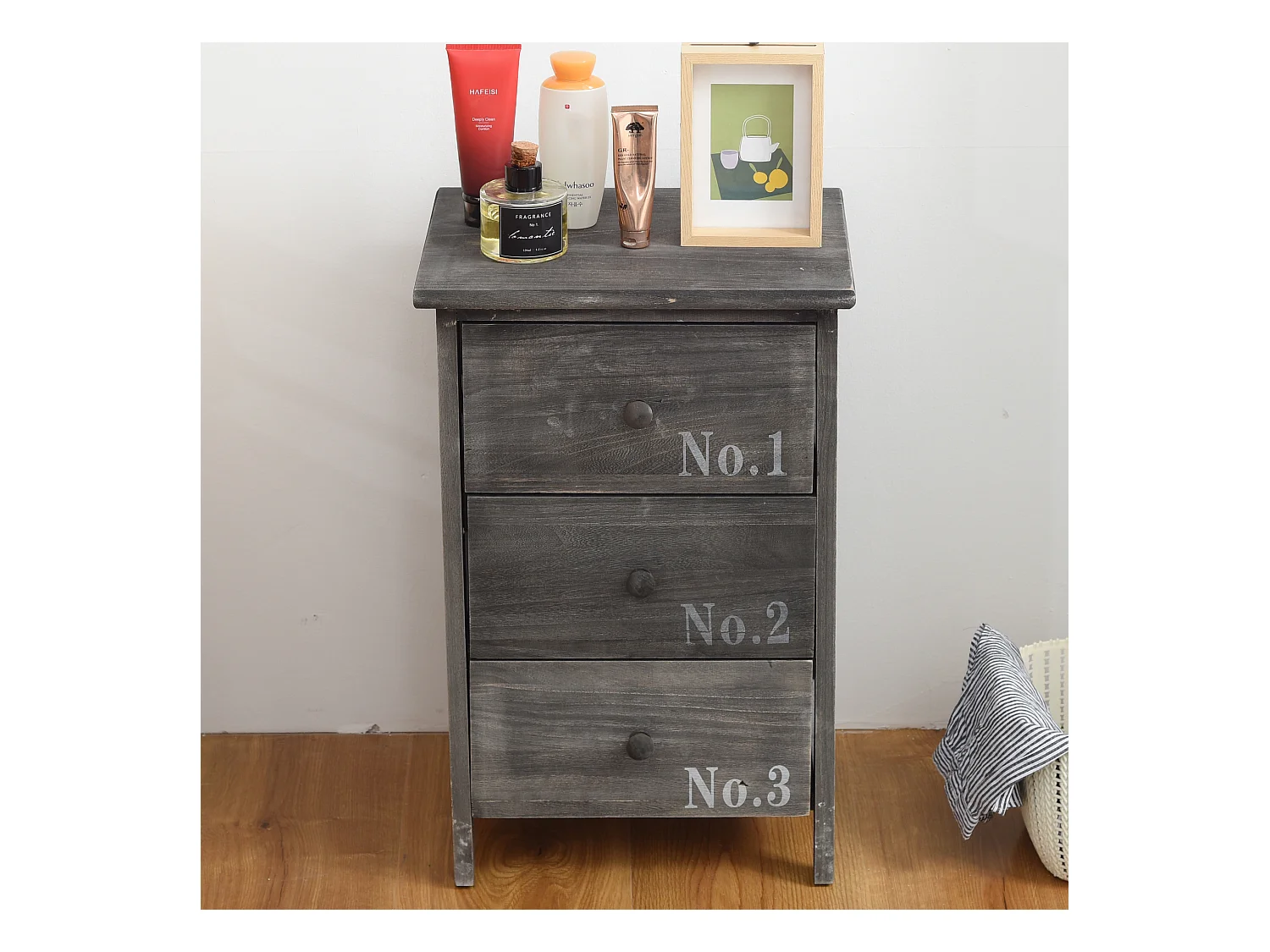 Commode Table De Chevet 3 Tiroirs Bois Gris Vintage 54x35x27