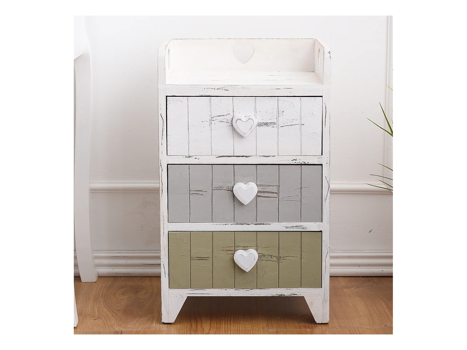 Table De Chevet 3 Tiroirs Bois Blanc Gris Cœur Shabby 58x35x27