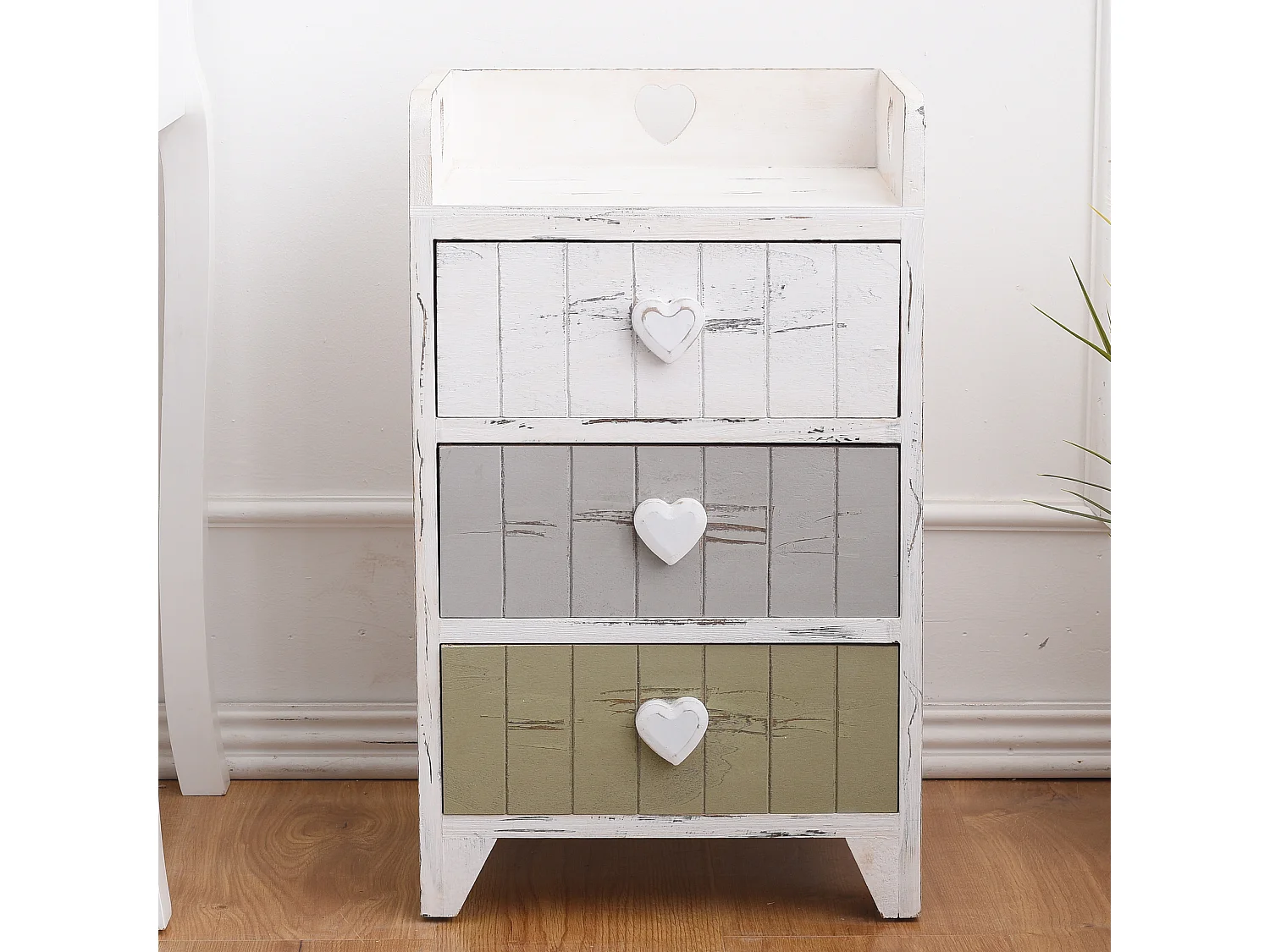 Table De Chevet 3 Tiroirs Bois Blanc Gris Cœur Shabby 58x35x27