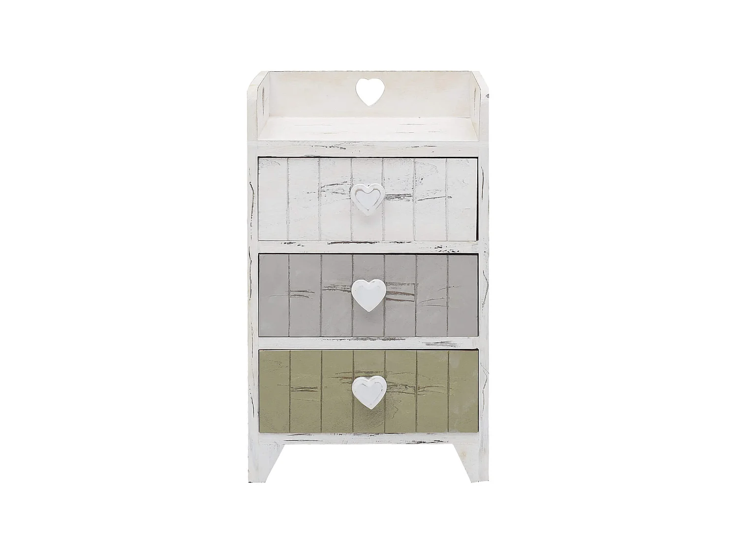 Table De Chevet 3 Tiroirs Bois Blanc Gris Cœur Shabby 58x35x27