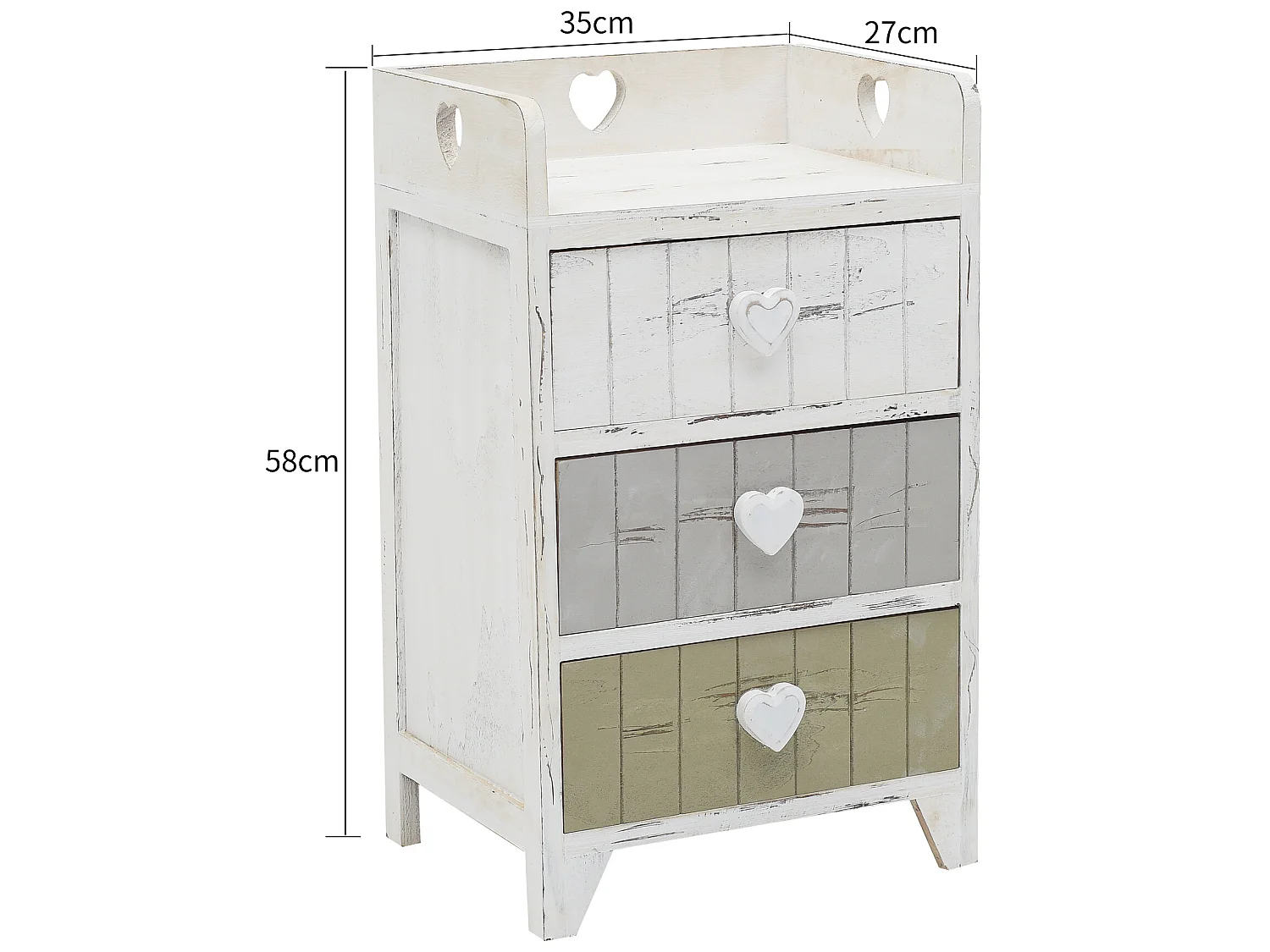 Table De Chevet 3 Tiroirs Bois Blanc Gris Cœur Shabby 58x35x27
