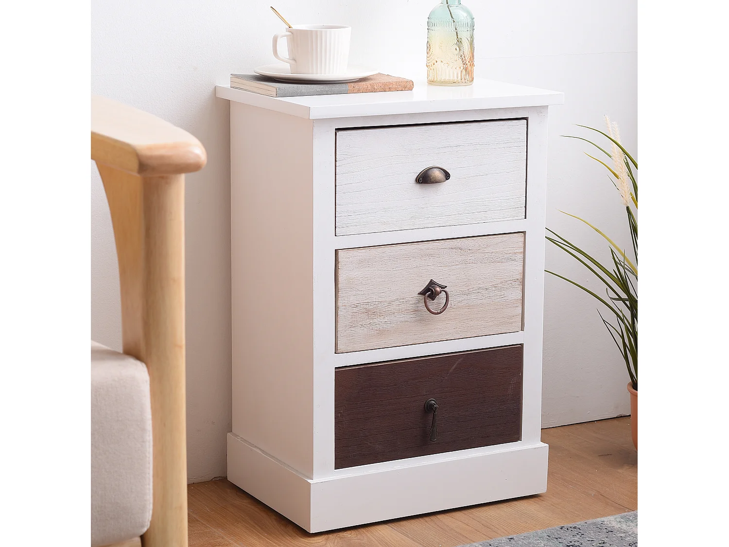 Table De Chevet 3 Tiroirs Bois Blanc Marron Beige 53,5x37x27