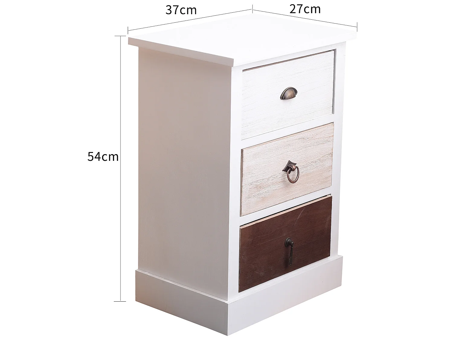 Table De Chevet 3 Tiroirs Bois Blanc Marron Beige 53,5x37x27