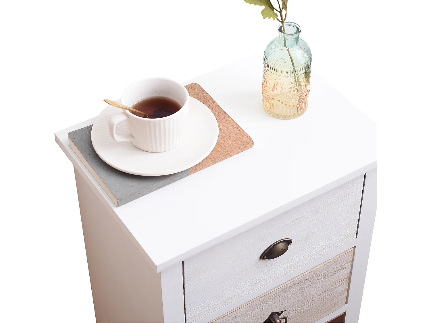 Table De Chevet 3 Tiroirs Bois Blanc Marron Beige 53,5x37x27