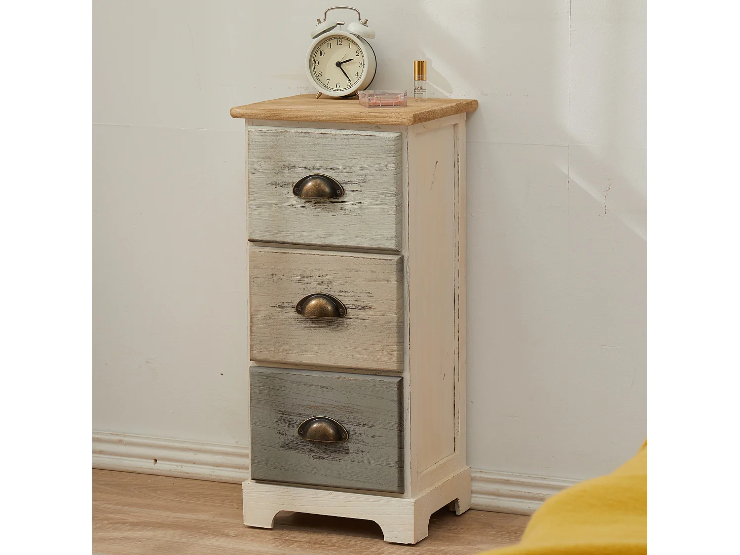 Table De Chevet 3 Tiroirs Bois Blanc Beige Gris 57x29x25