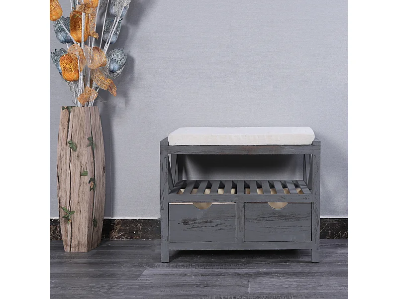 Panca Panchina Scarpiera 2 Cassetti Grigio Vintage Retrò 43x65x34