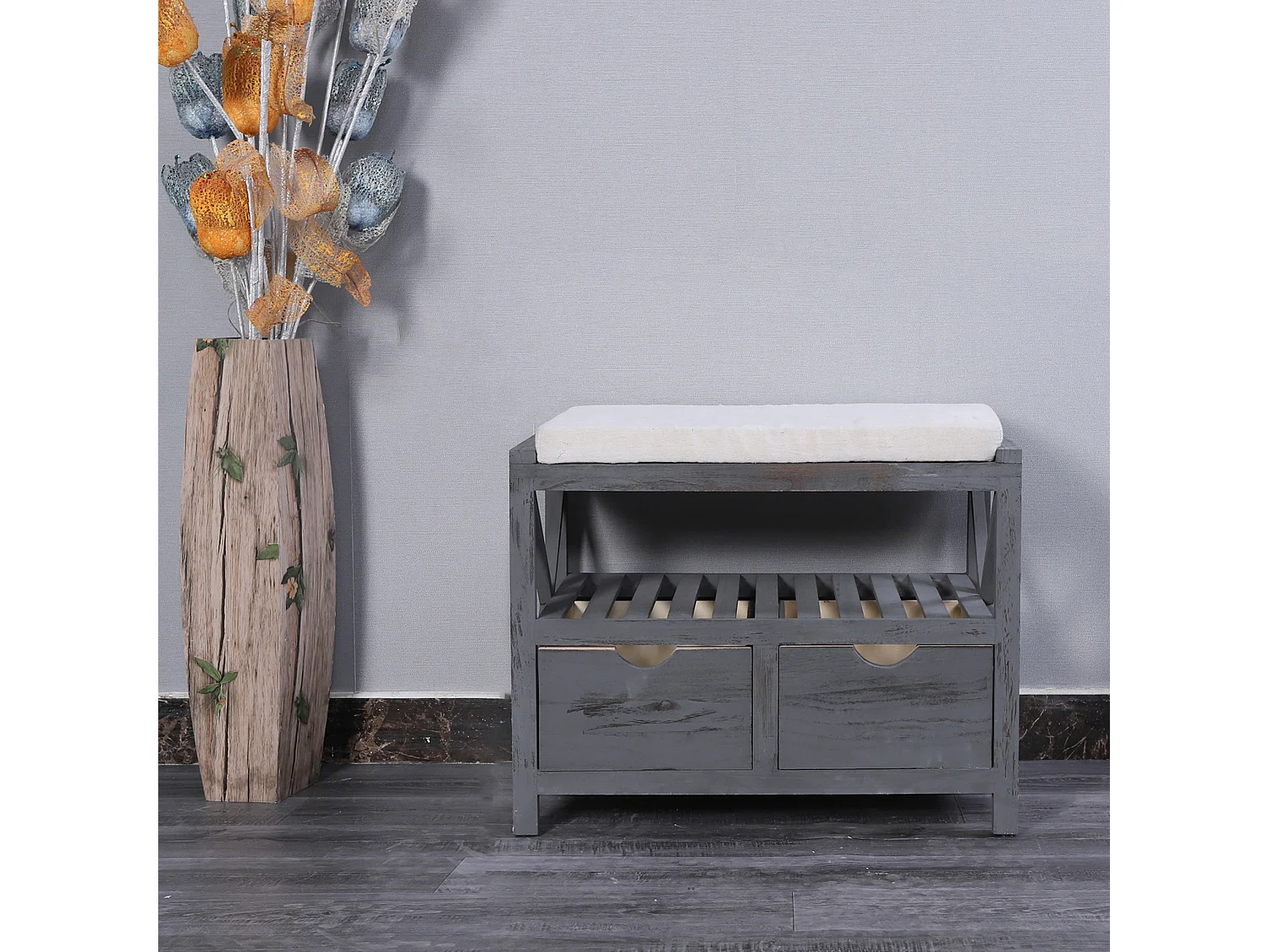 Panca Panchina Scarpiera 2 Cassetti Grigio Vintage Retrò 43x65x34