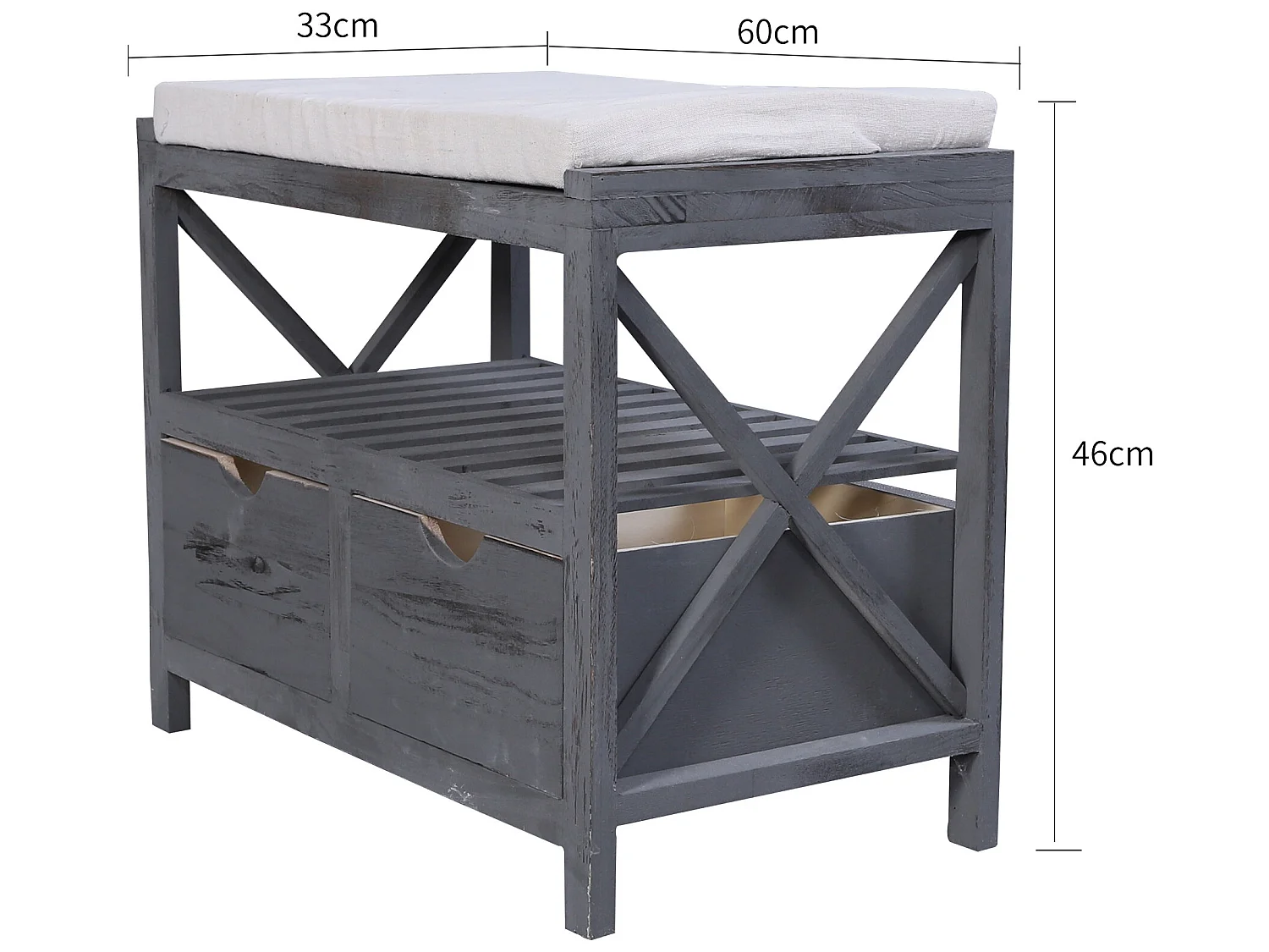 Panca Panchina Scarpiera 2 Cassetti Grigio Vintage Retrò 43x65x34