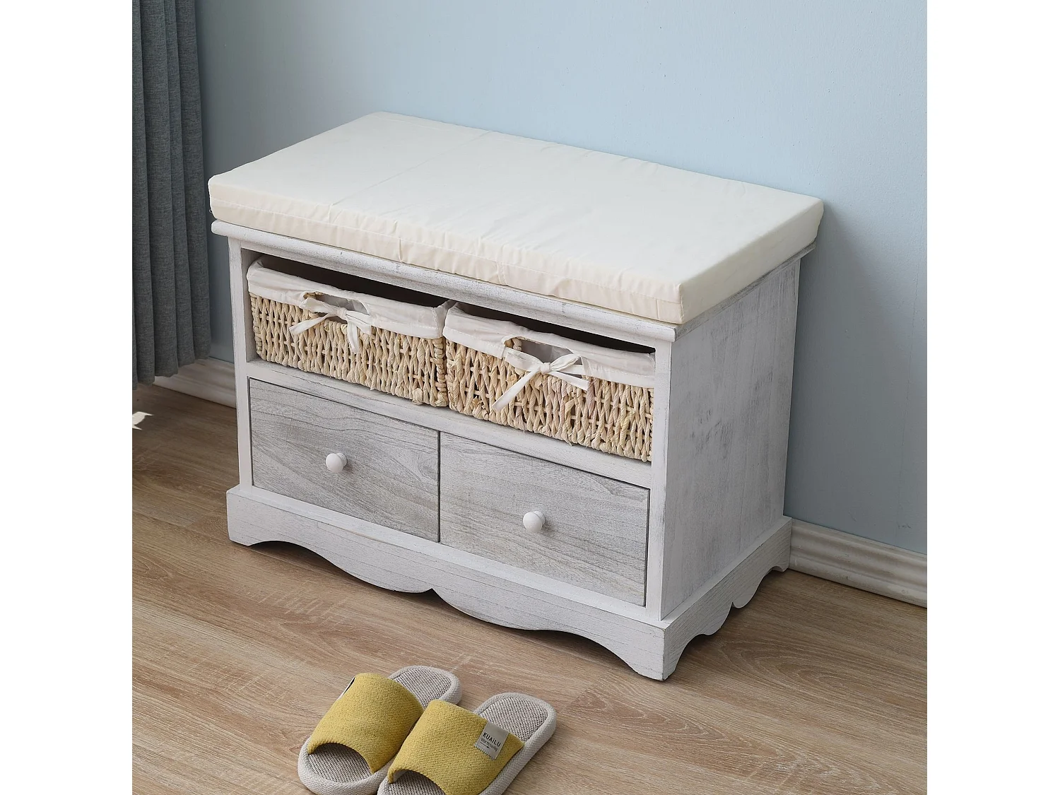 Banco 2 Gavetas Madeira 2 Cestos Vime Branco 46x60x33