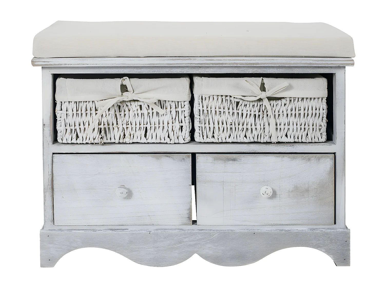 Banco 2 Gavetas Madeira 2 Cestos Vime Branco 46x60x33