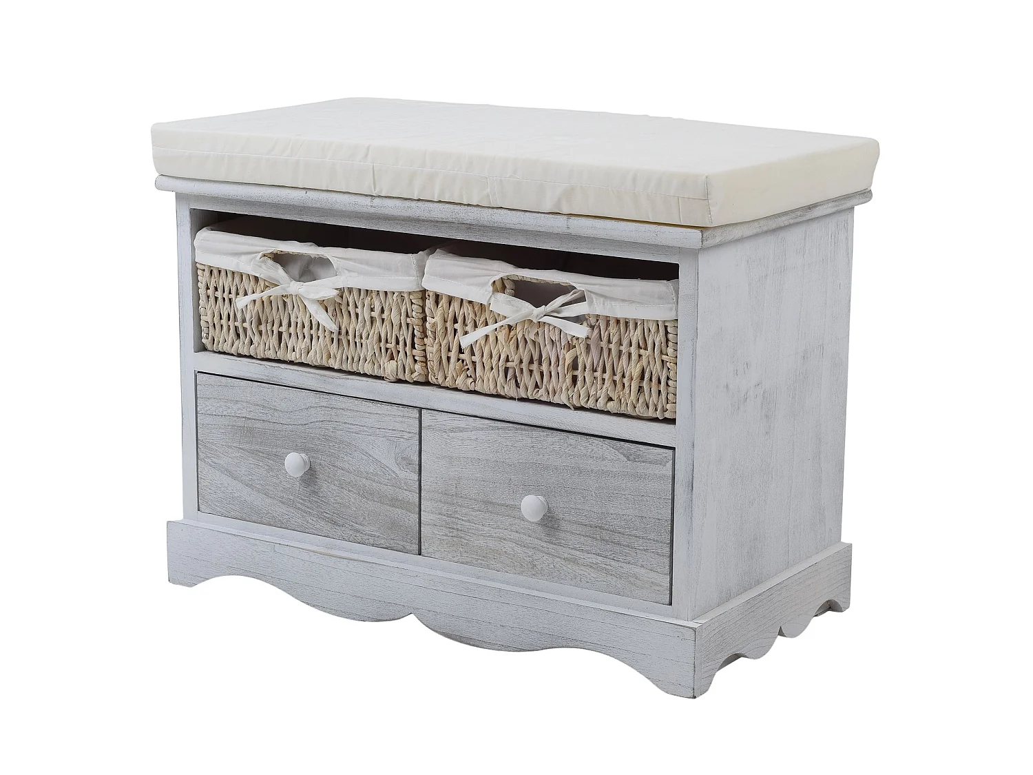 Banco 2 Gavetas Madeira 2 Cestos Vime Branco 46x60x33