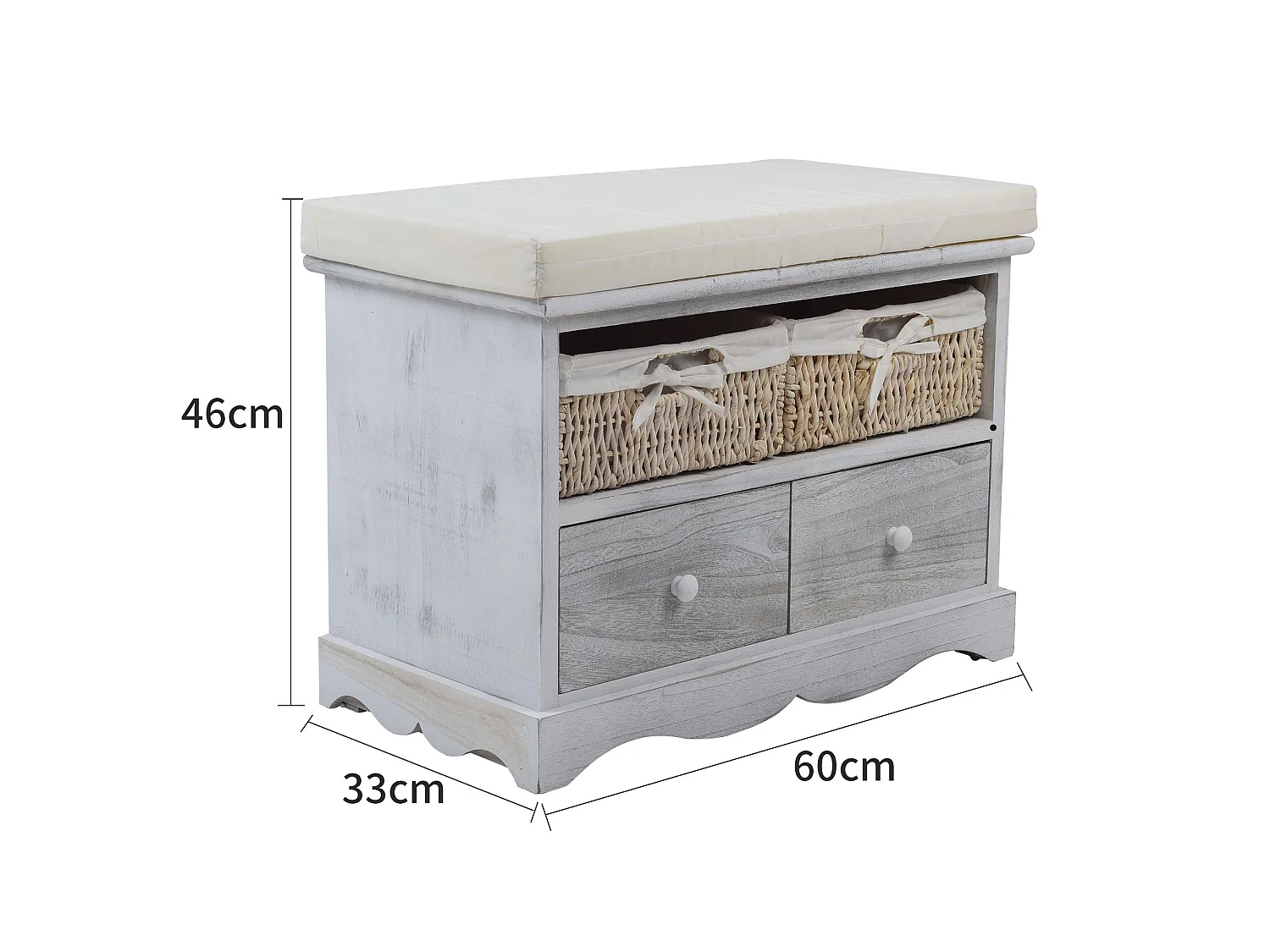 Banquette Gris En Bois 2 Tiroirs 2 Paniers En Osier Shabby 46x60x33