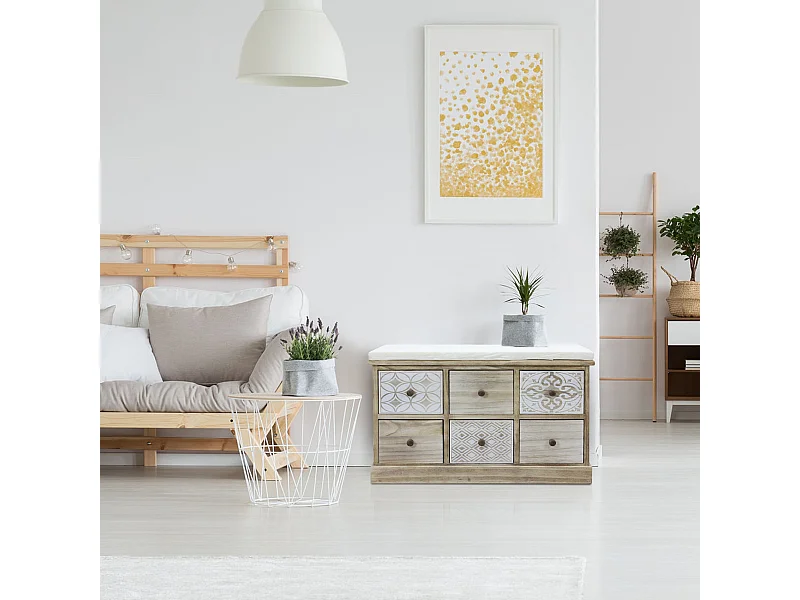 Panca Cassettiera Beige 6 Cassetti Seduta Imbottita 49x77,5x35