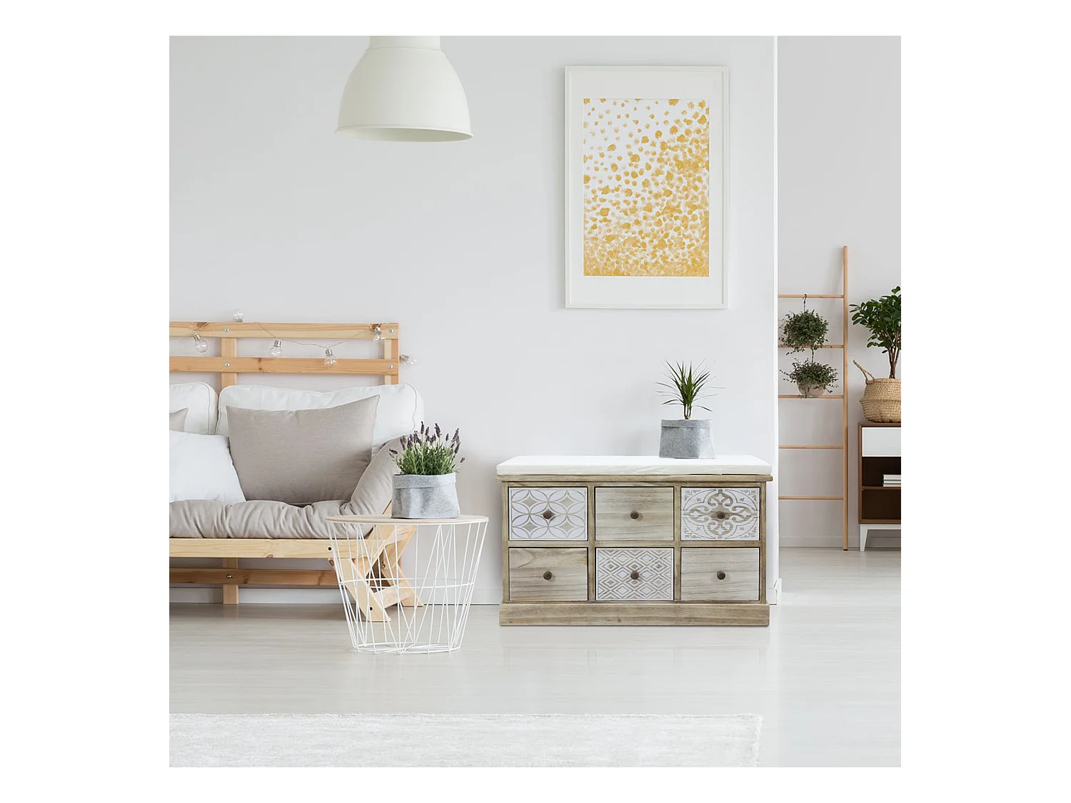Banco Cajonera Beige 6 Cajones Asiento Acolchado 49x77,5x35