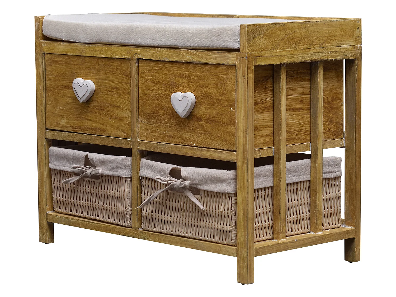 Banc Coffre 4 Tiroirs Bois Osier Beige Vintage 46x60x30