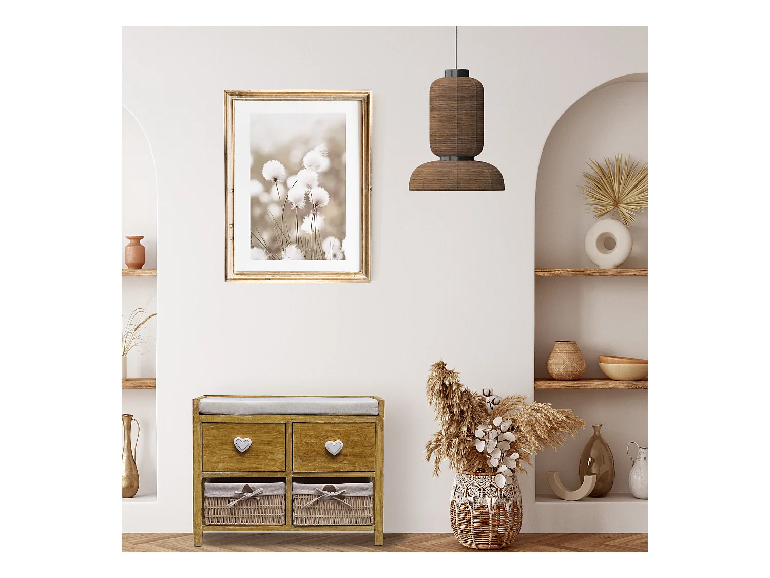 Panca 2 Cassetti 2 Cesti Vimini Legno Beige Shabby 46x60x30