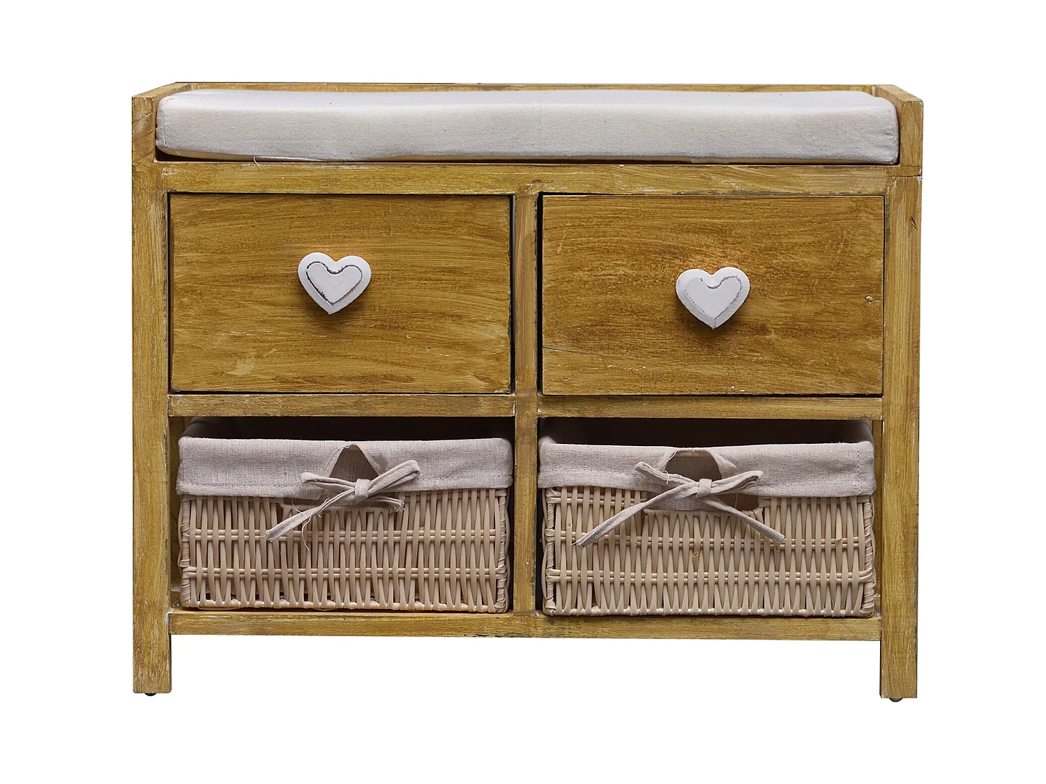 Panca 2 Cassetti 2 Cesti Vimini Legno Beige Shabby 46x60x30