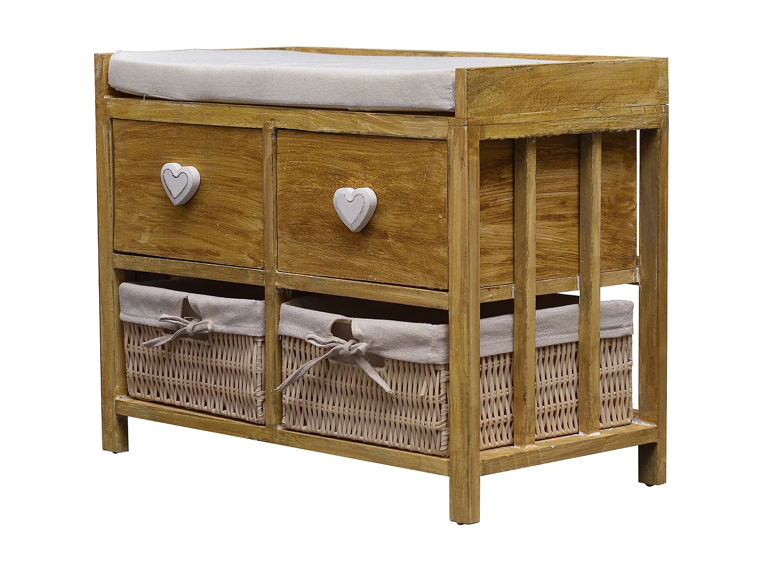 Panca 2 Cassetti 2 Cesti Vimini Legno Beige Shabby 46x60x30