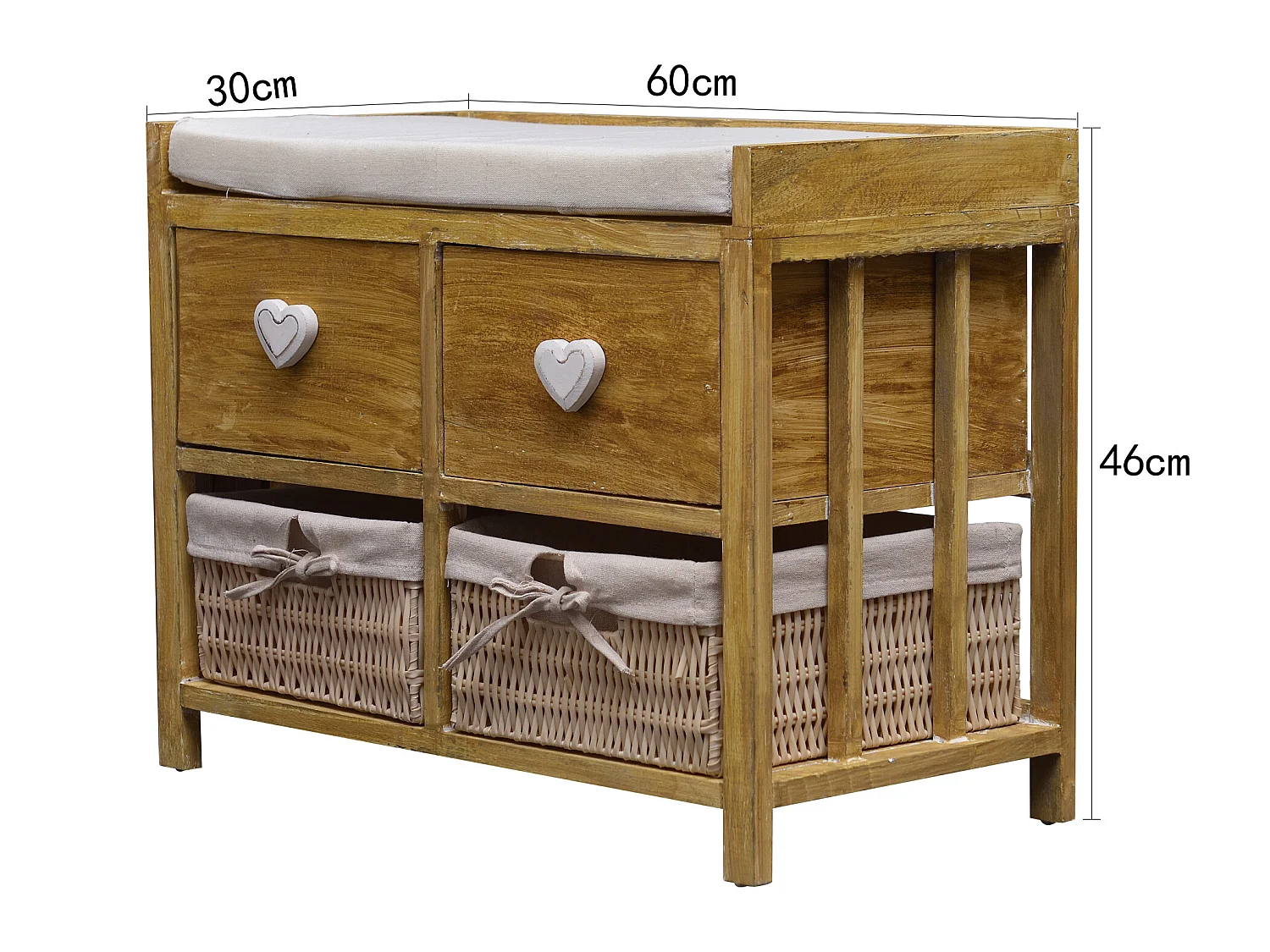 Panca 2 Cassetti 2 Cesti Vimini Legno Beige Shabby 46x60x30