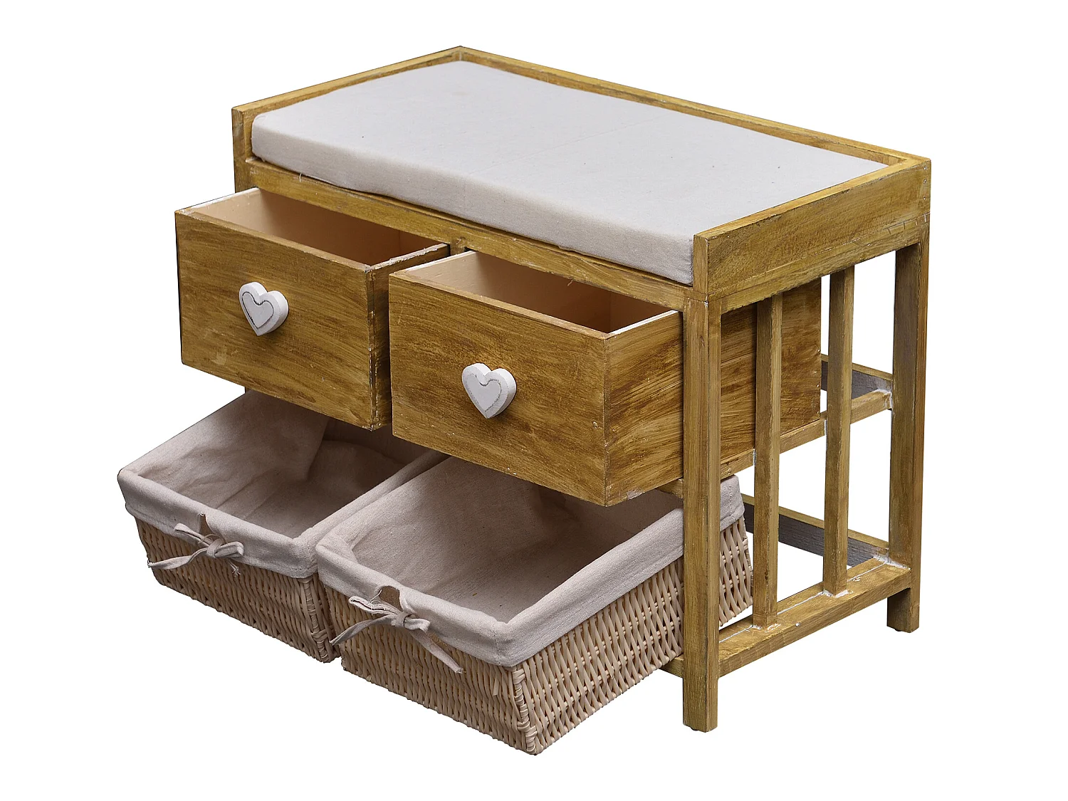 Panca 2 Cassetti 2 Cesti Vimini Legno Beige Shabby 46x60x30