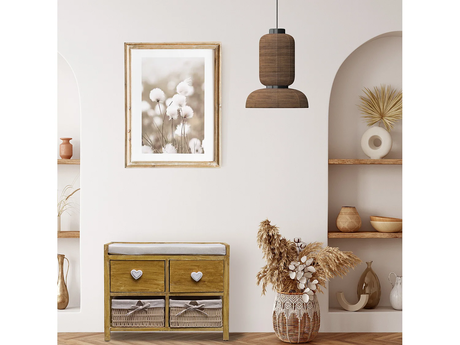 Banc Coffre 4 Tiroirs Bois Osier Beige Vintage 46x60x30