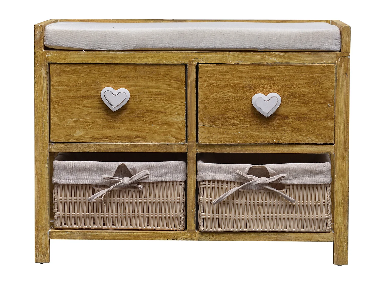 Banc Coffre 4 Tiroirs Bois Osier Beige Vintage 46x60x30