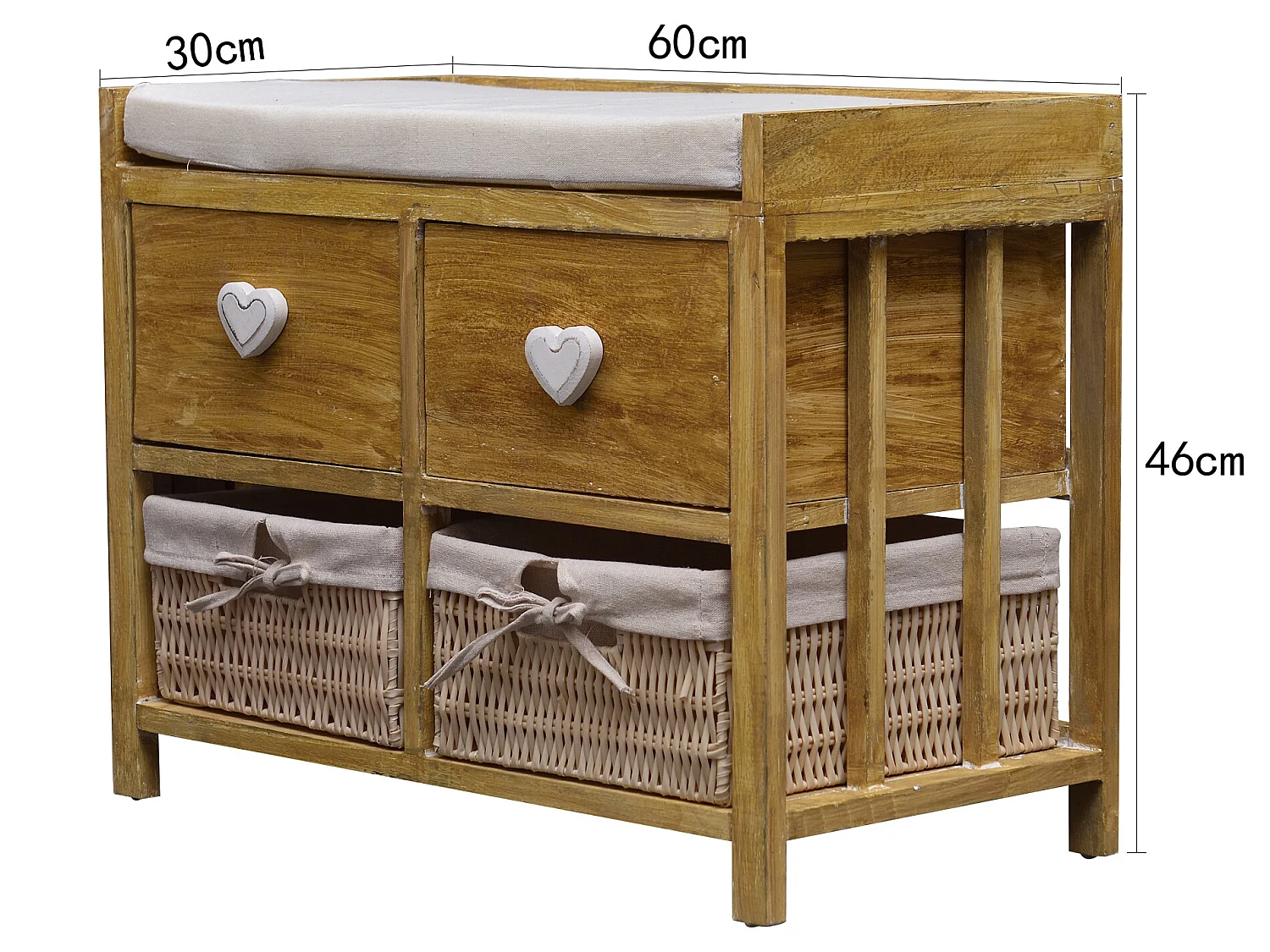 Banc Coffre 4 Tiroirs Bois Osier Beige Vintage 46x60x30