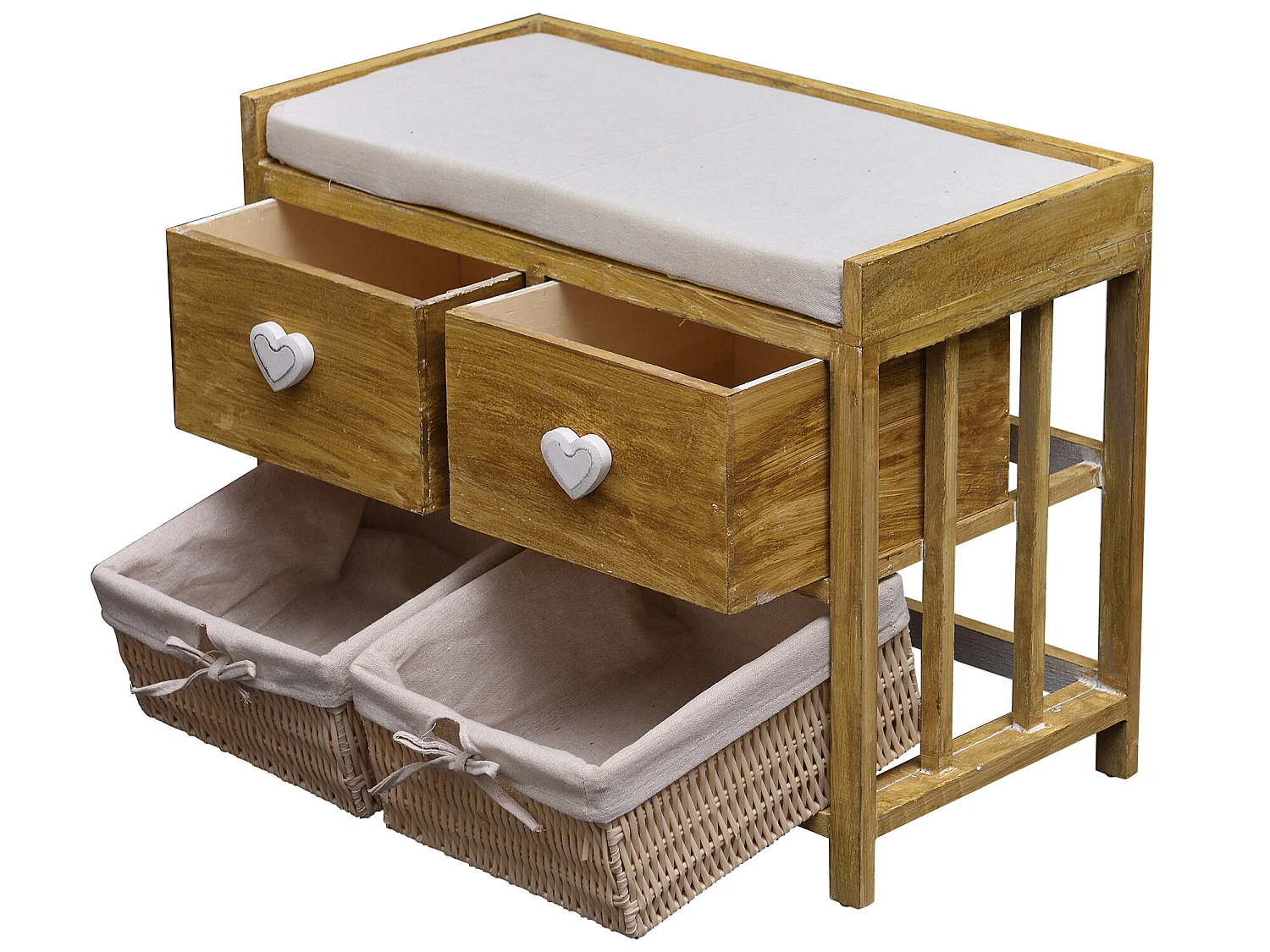 Banc Coffre 4 Tiroirs Bois Osier Beige Vintage 46x60x30