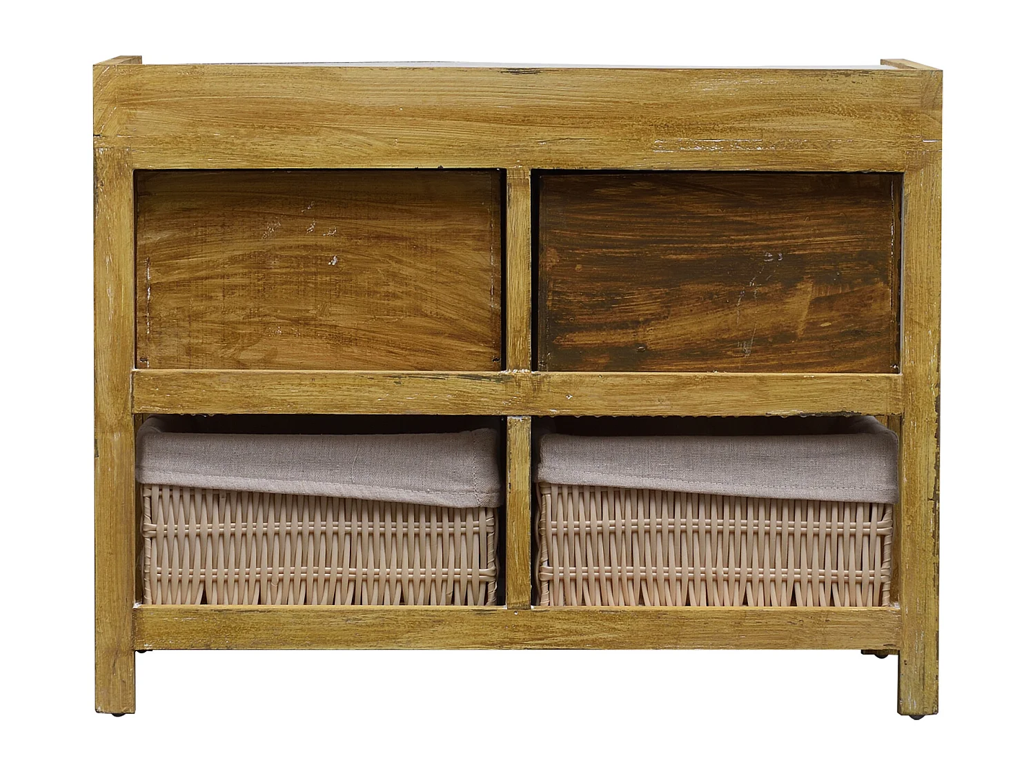 Banc Coffre 4 Tiroirs Bois Osier Beige Vintage 46x60x30