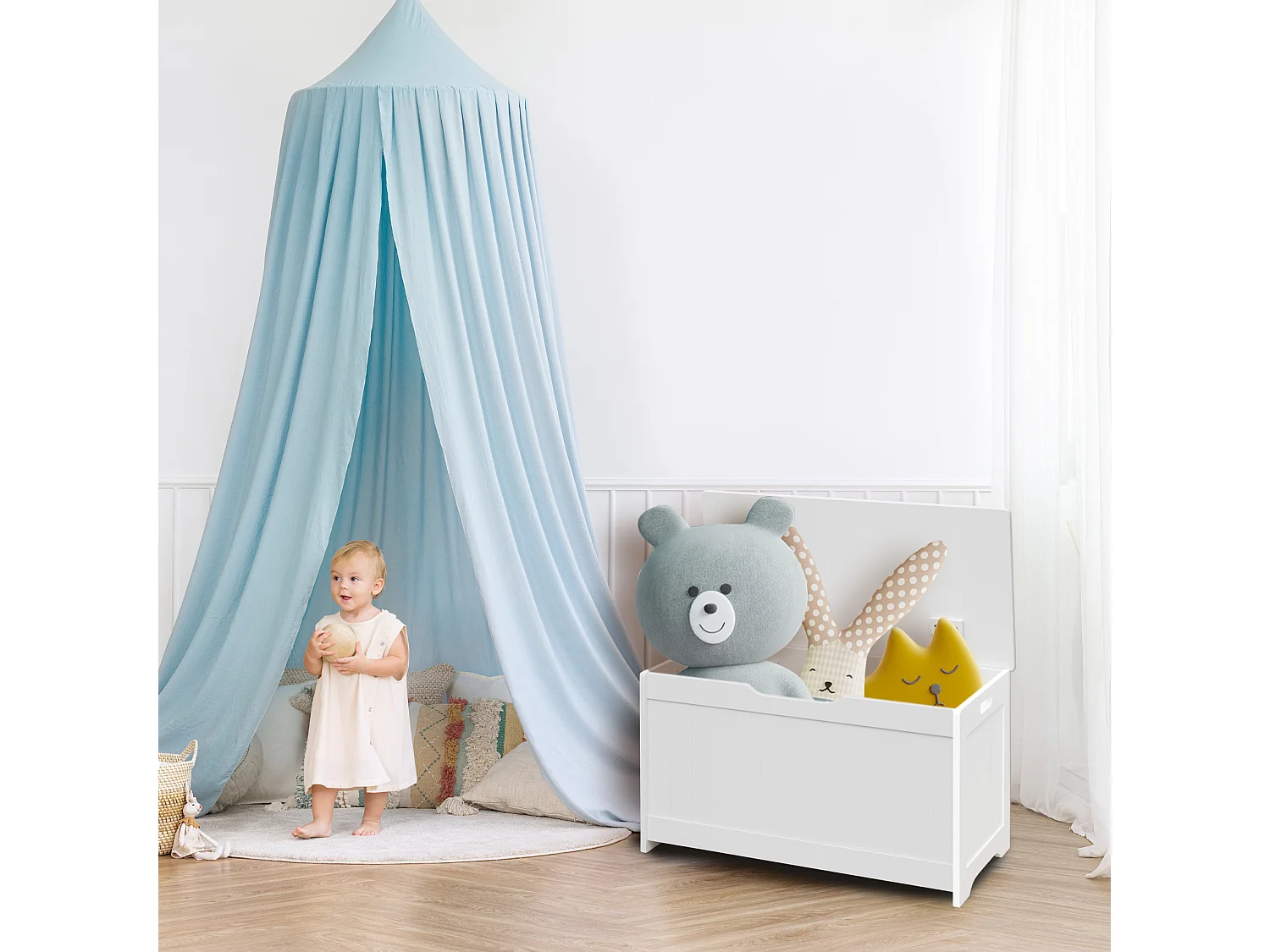 Baule Cassapanca Contenitore Portagiochi per Bambini in Legno Bianco Cameratta